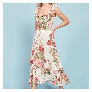 Reformation Nikita Floral Dress in Ivory Floral Babydoll Tie Shoulder Midi 0